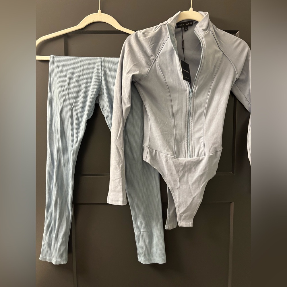 JLUXLABEL Light Blue Zip-Up Bodysuit and Leggings Set